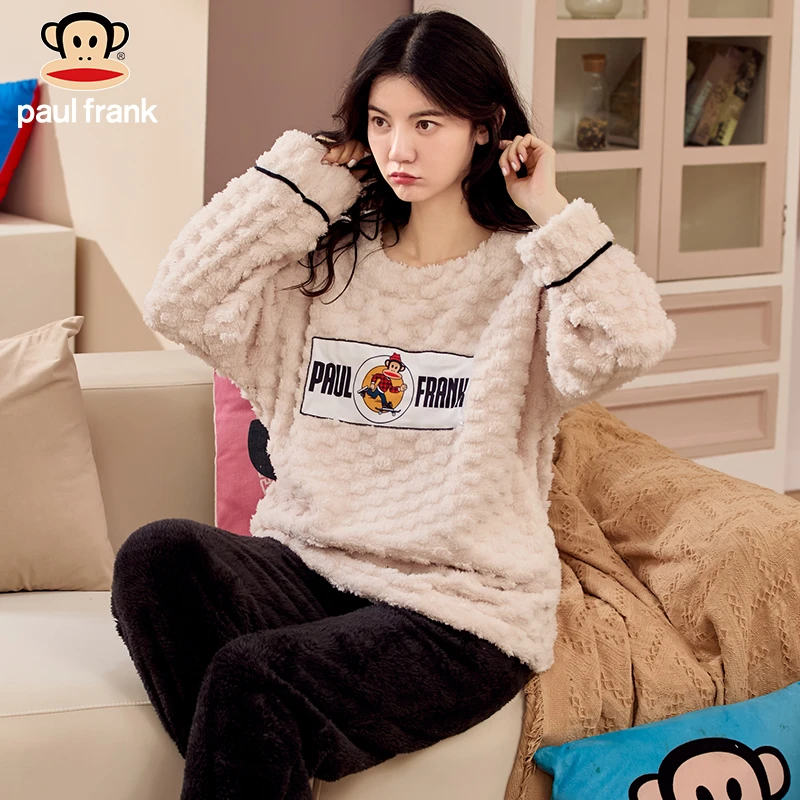 大嘴猴两件套珊瑚绒睡衣女秋冬款甜美可爱加绒休闲长袖家居服套装