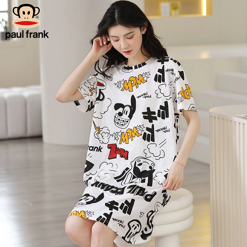 大嘴猴睡衣睡裙女夏季短袖纯棉宽松大码学生薄款休闲印花家居服