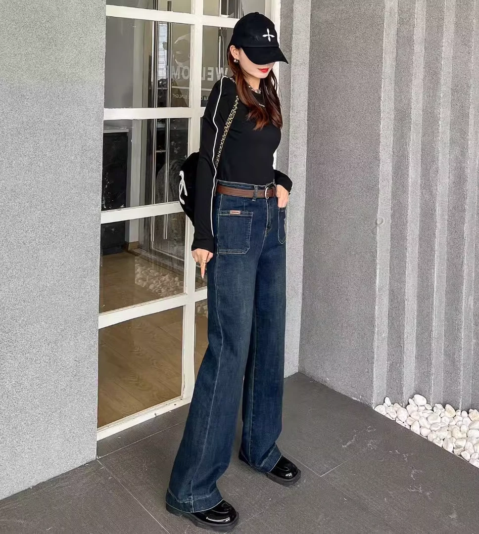 A327裤长100cm阔腿牛仔裤女高腰工装宽松显瘦窄版港风百搭长裤