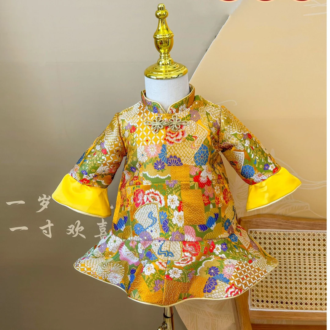 2024长袖金色女宝宝抓周礼服新中式国风周岁礼服女童冠衣高级定制