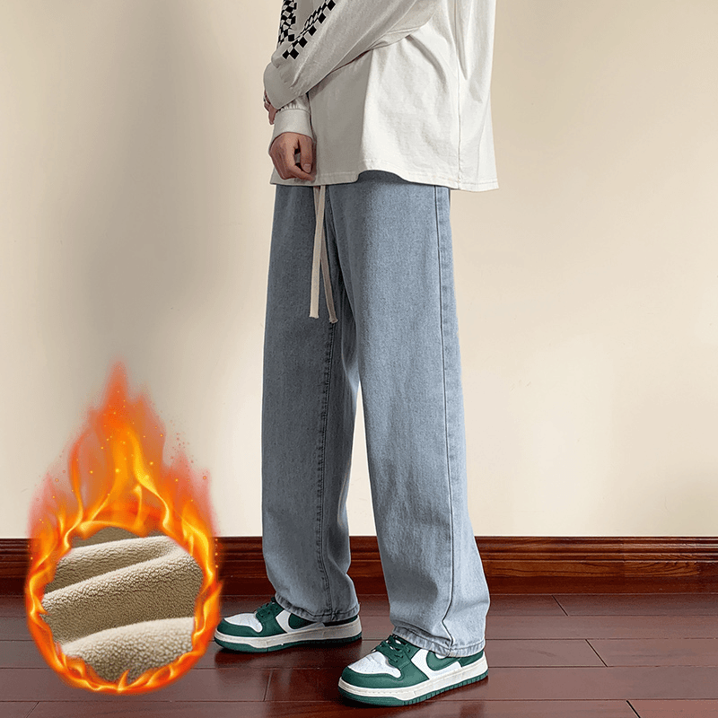 HM直筒牛仔裤男款春秋季男美式潮牌高街加绒宽松阔腿裤长裤子男生