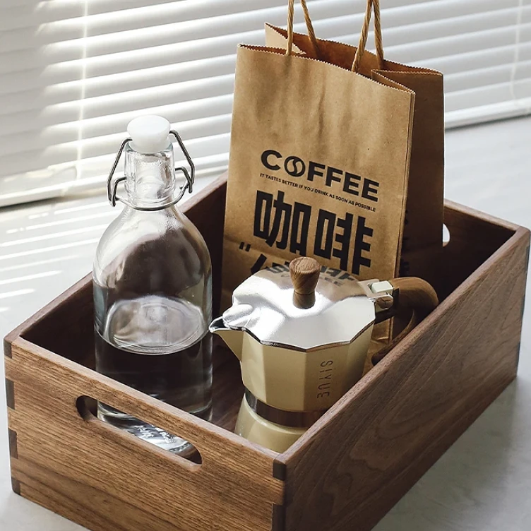 黑胡桃木实木收纳筐桌面收纳盒复古咖啡店酒店整理盒手提篮