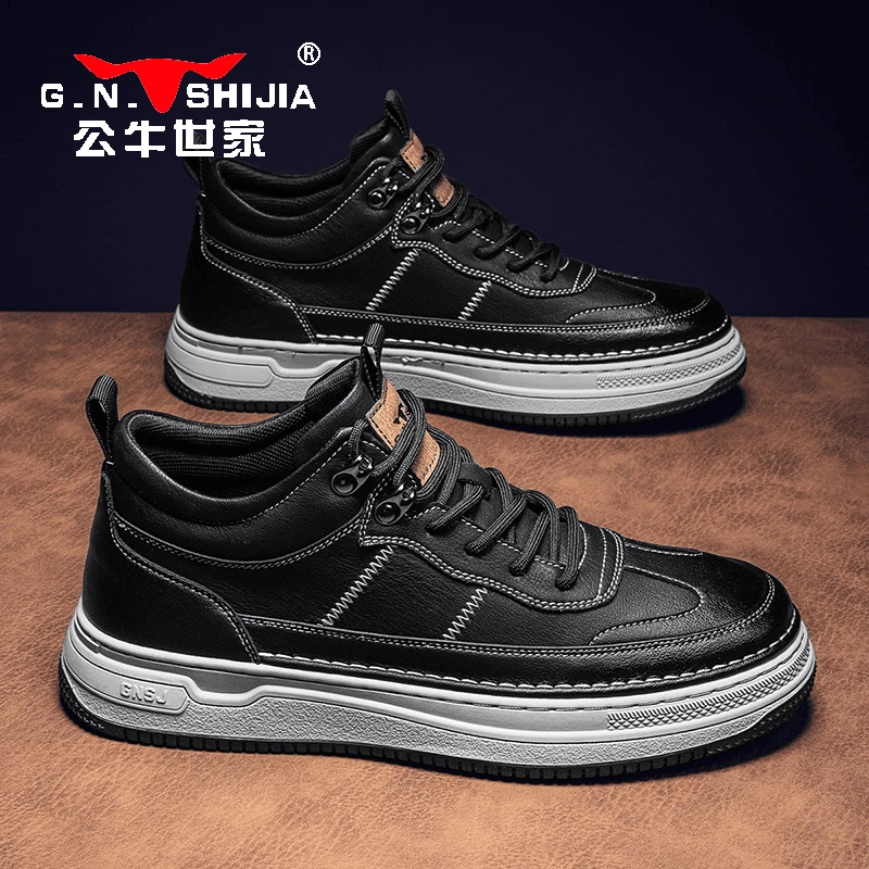 公牛世家男鞋春季黑色皮面高帮运动板鞋百搭厚底英伦工装休闲皮鞋