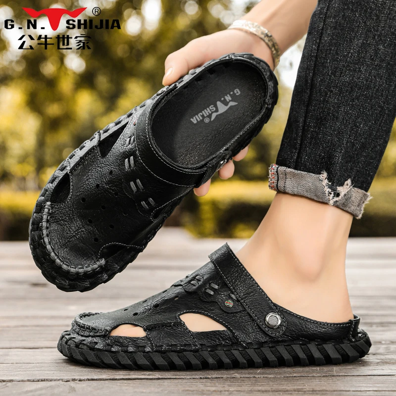 公牛世家凉鞋男士男鞋户外休闲百搭透气薄款镂空洞洞鞋软底包头拖