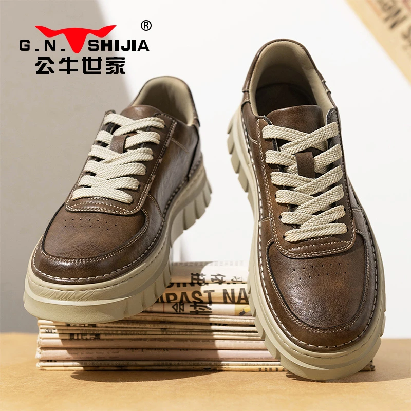 公牛世家马丁靴男款春季皮面防水厚底增高复古风低帮工装鞋板鞋潮