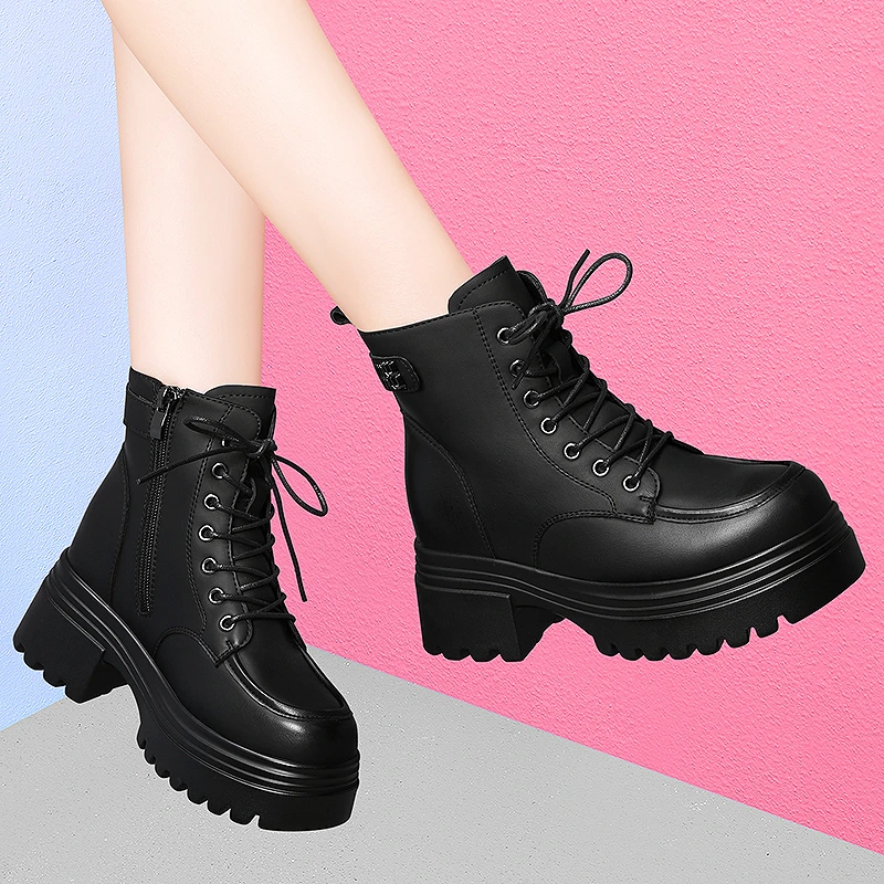 女鞋百搭马丁靴加绒靴子内增高高跟单靴