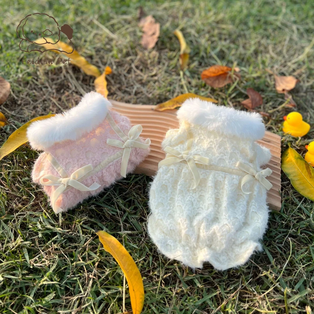 宠物秋冬加绒毛领绑带提花蕾丝蝴蝶结獭兔毛娃娃裙奢华狗外套通用