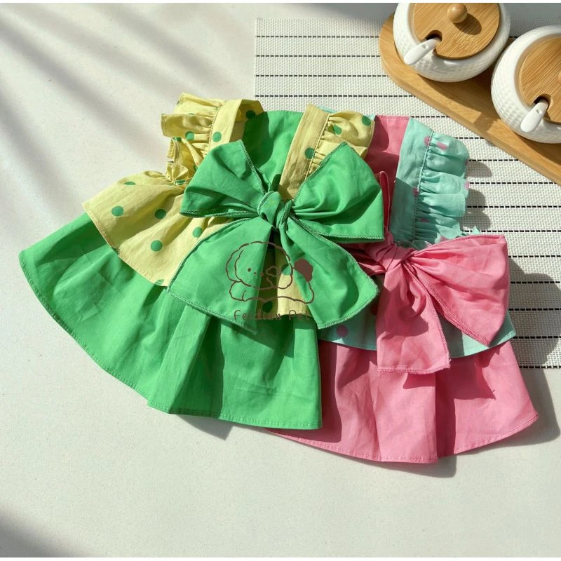 春夏波点撞色双层大裙摆蝴蝶结连衣裙宠物猫狗甜美服装衣服尺码