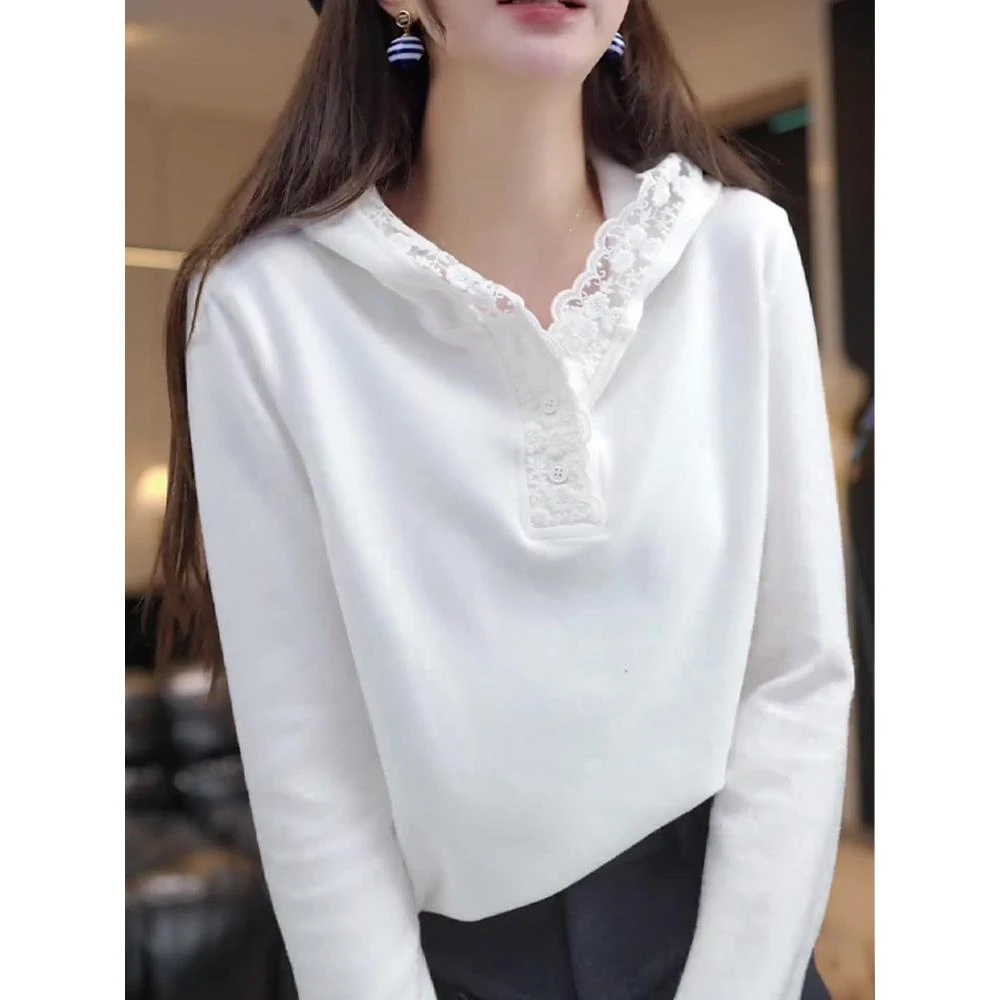 白色蕾丝连帽长袖T恤女2025秋冬新款时尚休闲百搭内搭打底衫上衣