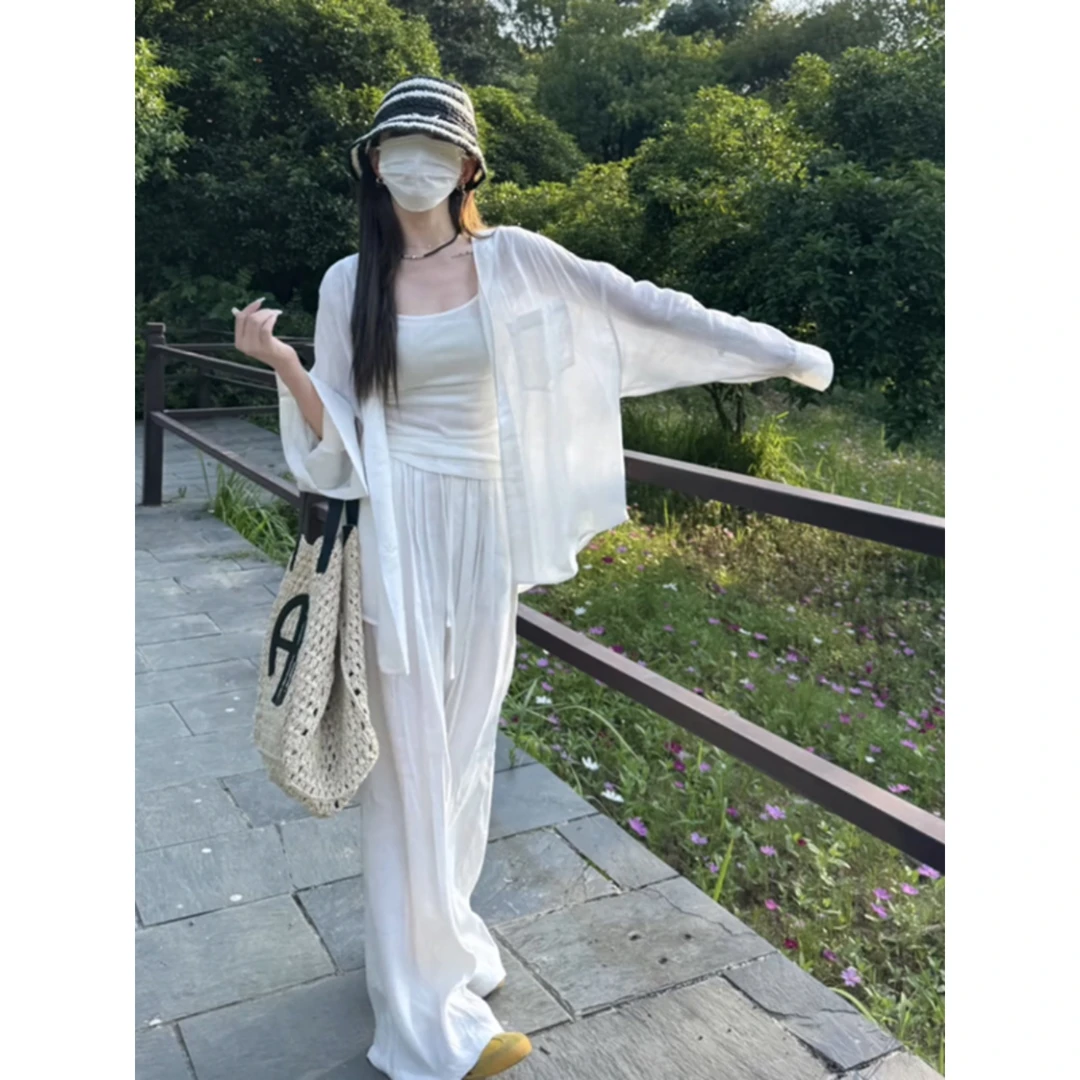白色棉麻衬衫套装女夏季时尚宽松韩版休闲亚麻衣阔腿裤两件套洋气