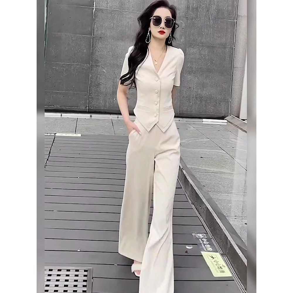 高级感气质西装套装女夏季洋气显瘦V领短袖上衣高腰阔腿裤两件套