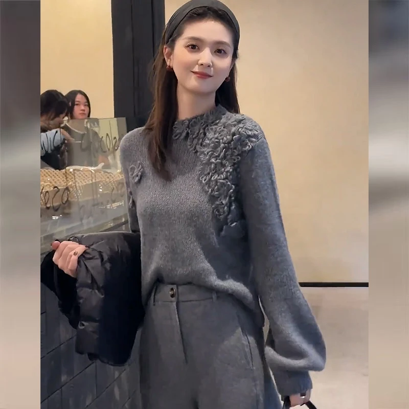 灰色内搭上衣女秋冬季2024新款打底高级感漂亮独特别致毛衣针织衫