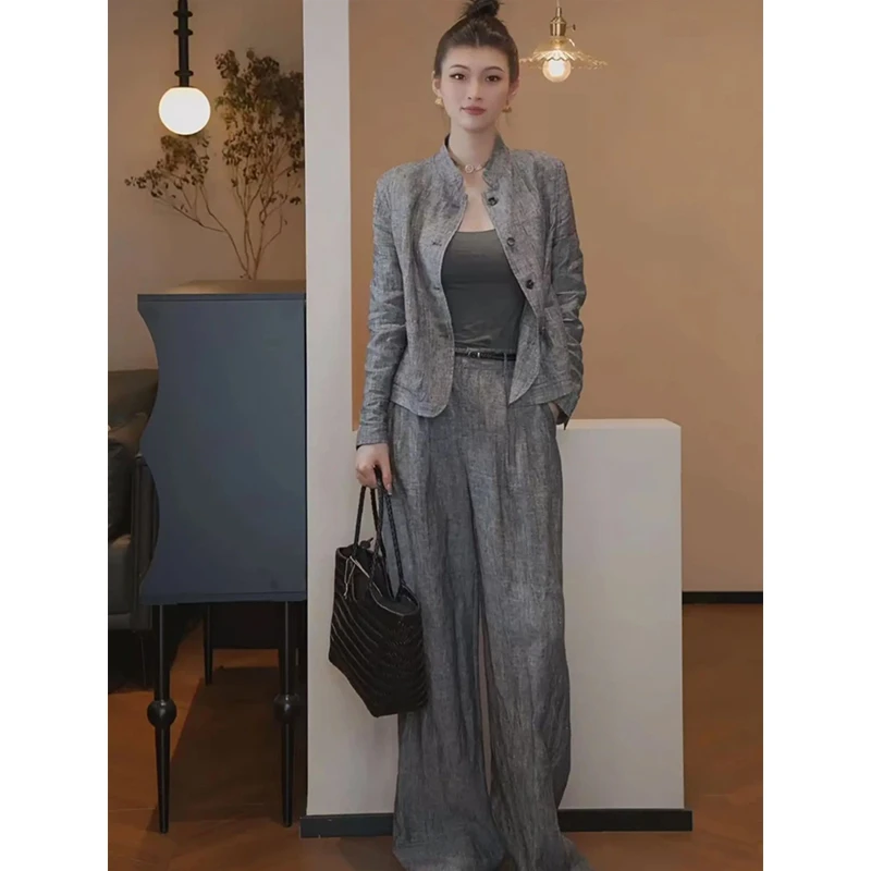 法式棉麻衬衫套装女秋季高级感轻奢洋气漂亮外套衬衣阔腿裤两件套