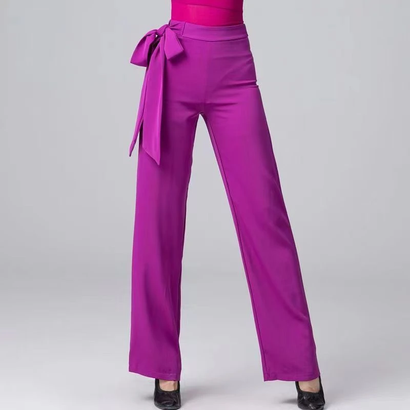 丁达尔穿搭阔腿拉丁舞垂感高腰筒裤国标舞飘带练功广场舞百搭长裤