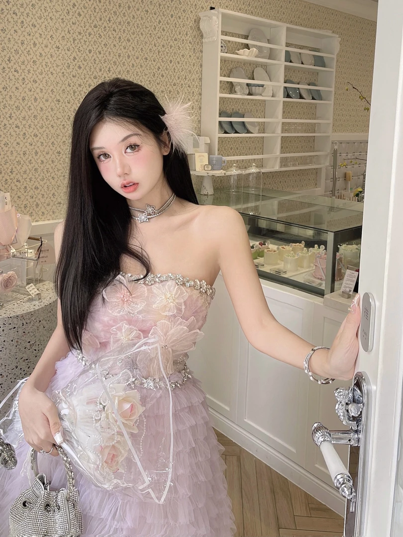 Lydiaxu原创生日仙女裙粉紫色裹胸立体花设计师公主裙连衣裙QZ717