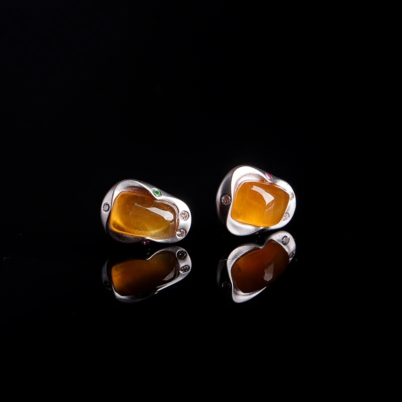 名玉艺术 天然缅甸翡翠 18K金镶嵌 冰种黄翡 种老细腻 翡翠耳饰