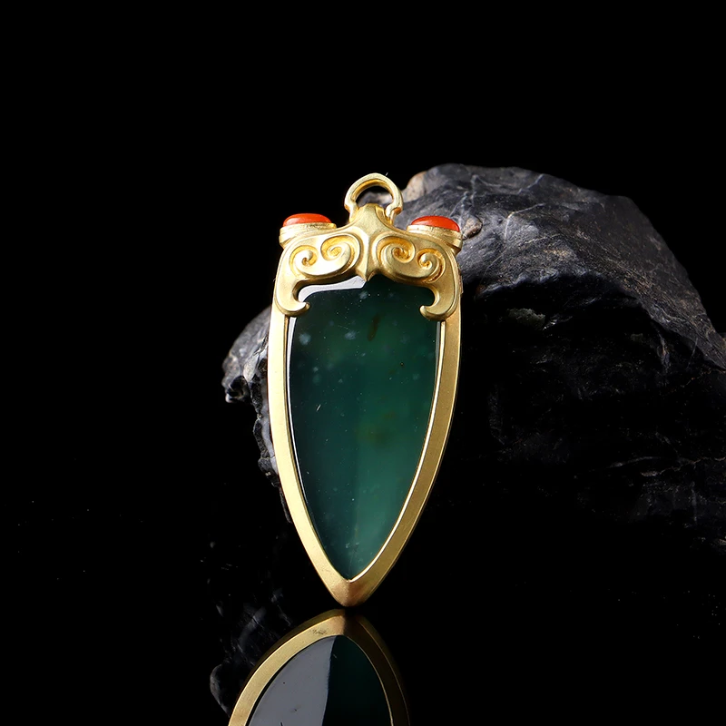 名玉艺术【仿古牌】天然缅甸翡翠 18K金镶嵌 冰种湖水绿翡翠挂件