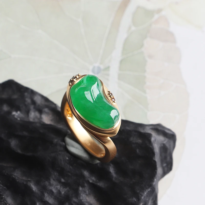名玉艺术 天然缅甸翡翠 18K金镶嵌 冰种阳绿 种老色正 翡翠戒指