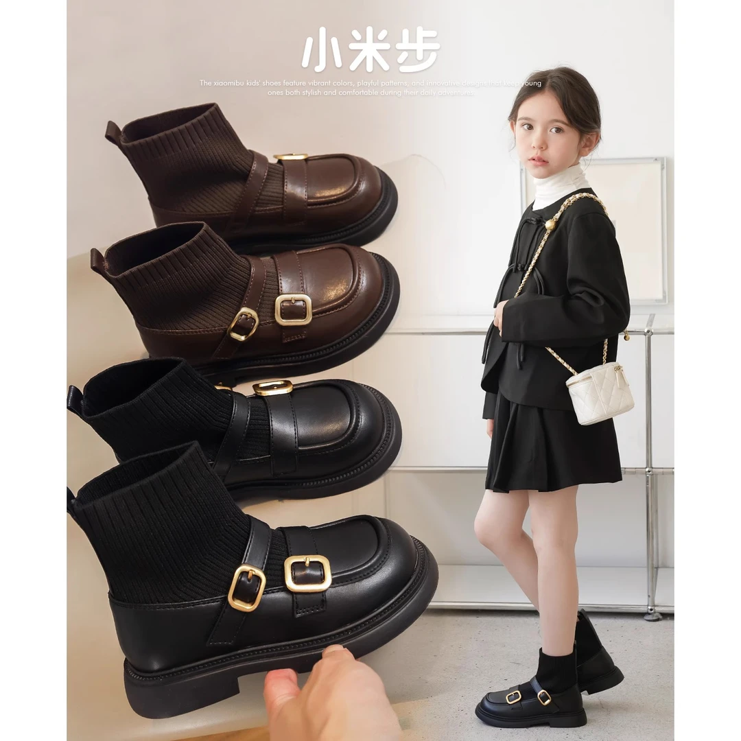 小米步反季【甜豆】女童靴子加绒冬季新款儿童短靴小女孩袜子靴
