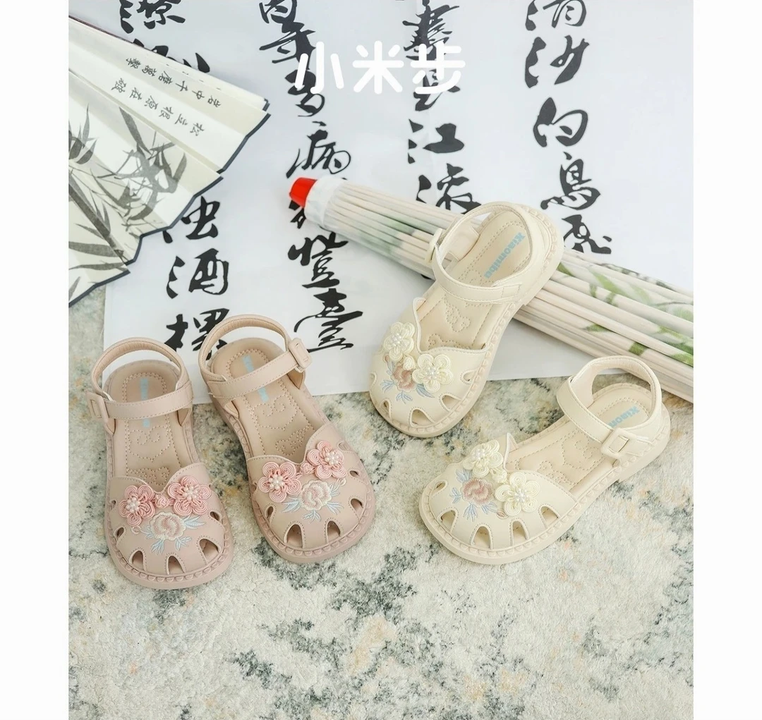 小米步【夏清·苏绣】吉祥如意新中式女宝包头凉鞋2024透气公主鞋