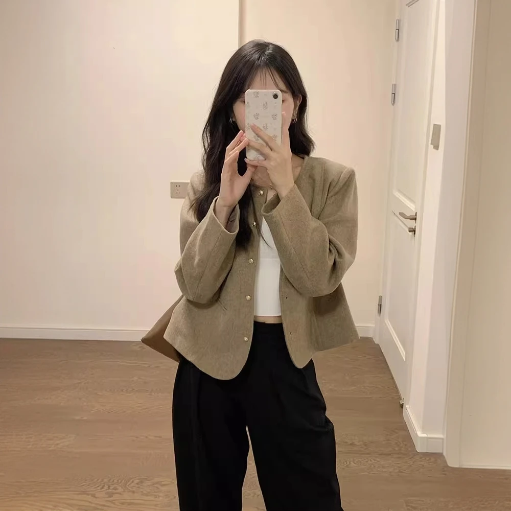 春秋法式短款卡其色百搭通勤小香风版型小个子短外套女