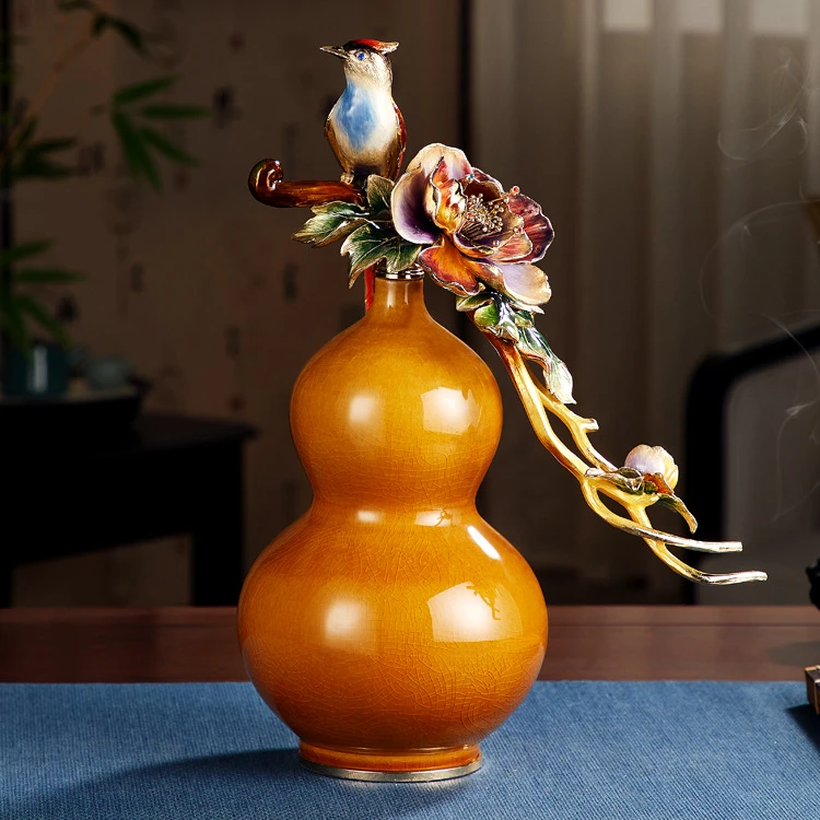 珐琅彩柿事如意葫芦摆件招财风水 客厅玄关电视柜酒柜新中式礼品