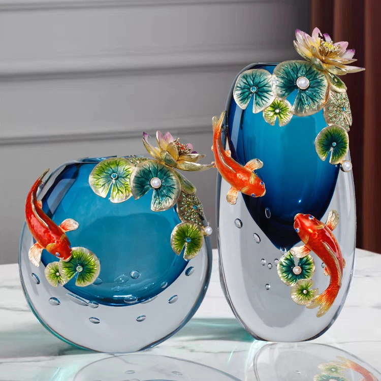 荷塘月色简约轻奢珐琅彩水晶花瓶 酒柜摆件客厅玄关装饰品礼品