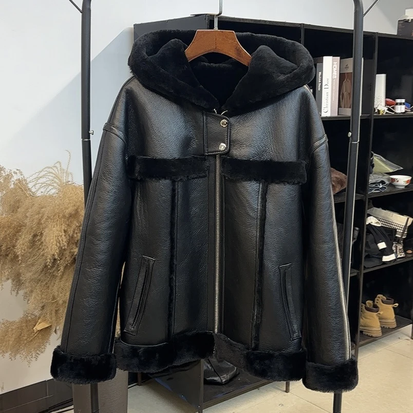 福利品【阿美推荐真皮美力奴皮毛一体】帽款两面可穿夹克皮草外套