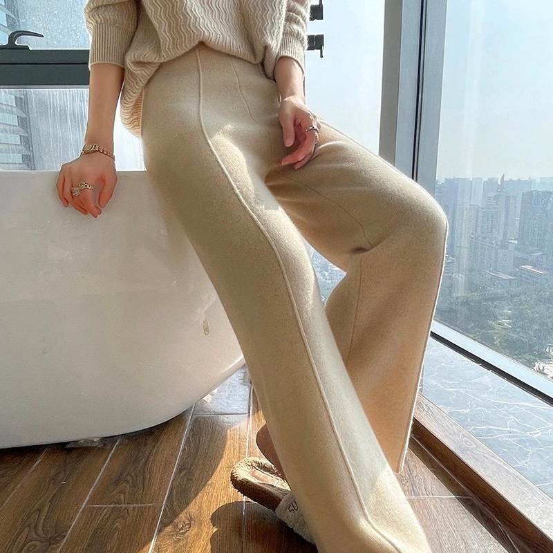 女高腰阔腿裤显瘦时尚外穿百搭宽松厚款保暖裤子松紧腰仿羊绒