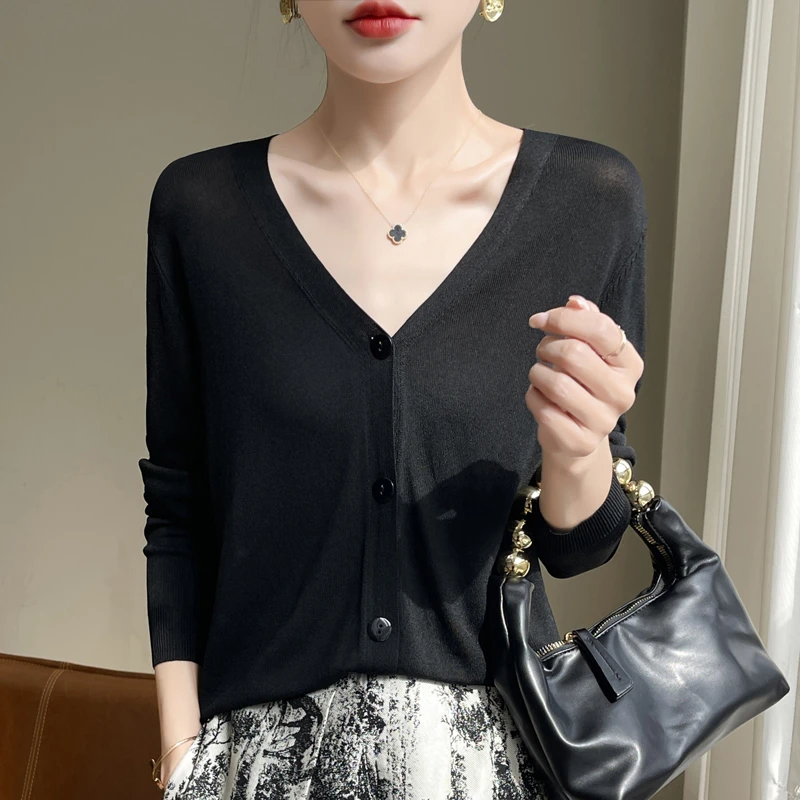 女夏季薄款外搭冰丝开衫大码长袖针织衫显瘦防晒v领空调衫