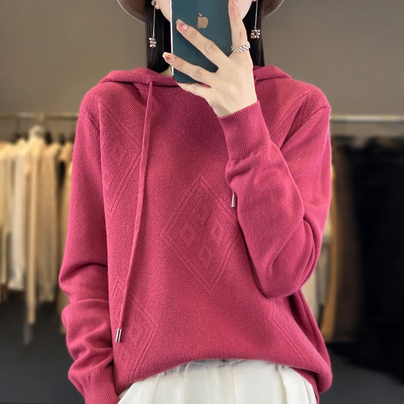 女秋冬新款宽松百搭可外穿上衣时尚休闲厚款连帽针织帽衫休闲打底