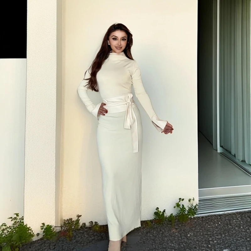 两件套针织白色套装显瘦长袖气质时尚束腰打底秋冬显瘦