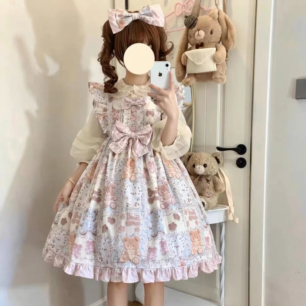 洛丽塔实体店现货小熊马卡龙背带和小飞袖JSK原创Lolita