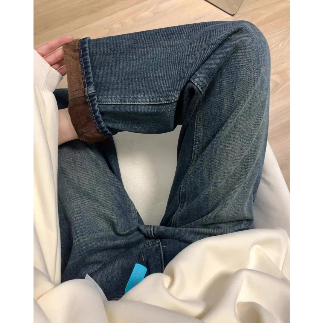 加绒加厚窄版阔腿牛仔裤女2025春季新款高腰宽松直筒垂感拖地裤子