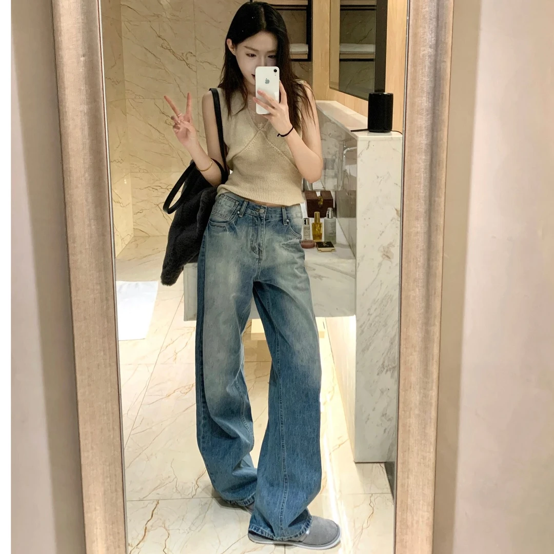 牛小莫美式复古阔腿牛仔裤女2024夏季新款低腰显瘦高街百搭拖地裤