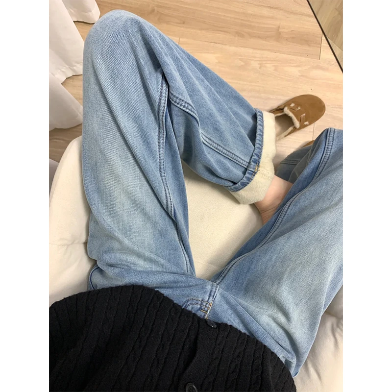 加绒加厚窄版阔腿牛仔裤女2025秋冬爆款高腰显瘦宽松直筒拖地裤子