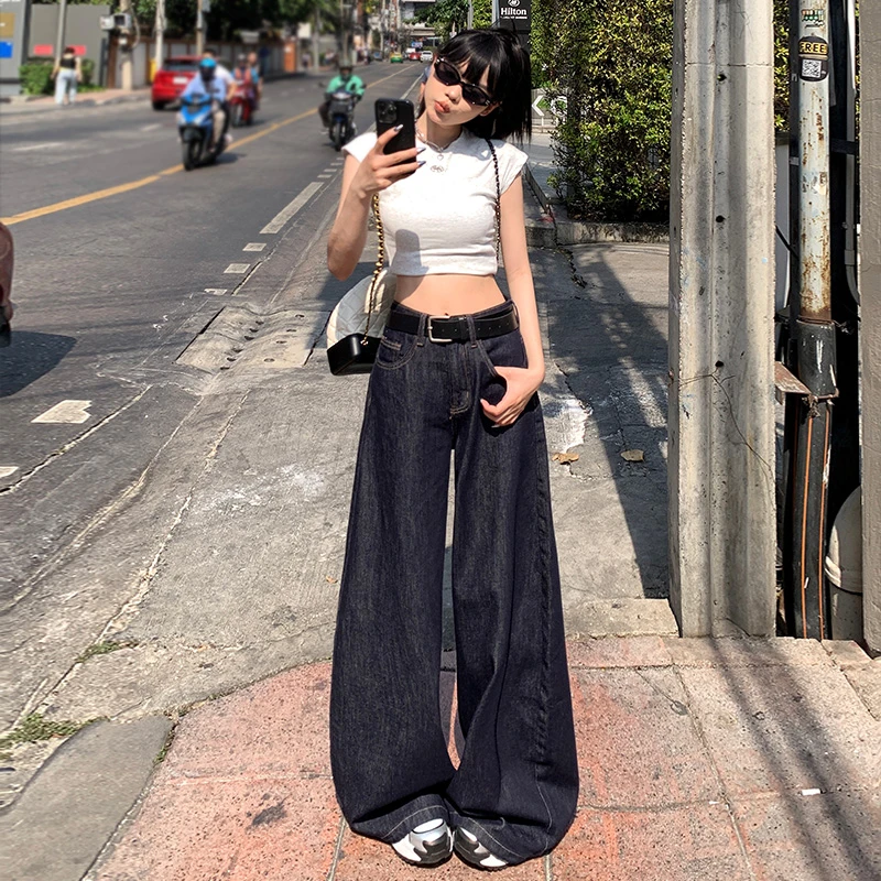 深蓝色复古垂感牛仔裤女2025秋冬加绒宽松阔腿裤时尚原色百搭长裤