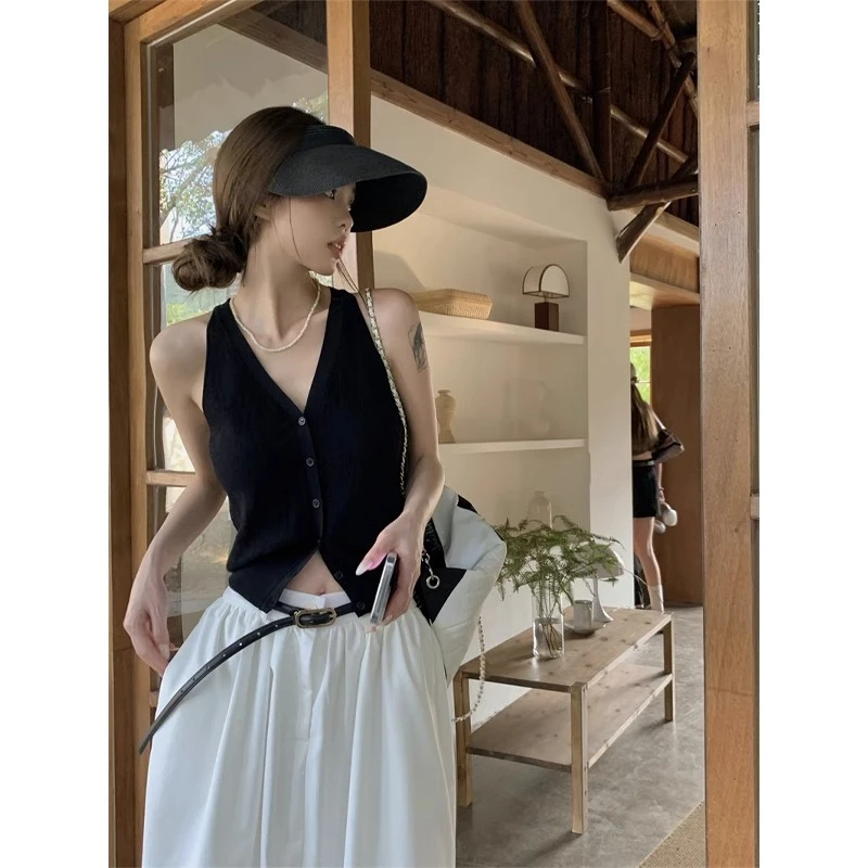 辣妹v领复古黑色针织吊带小背心女夏季甜辣外穿无袖内搭短款上衣