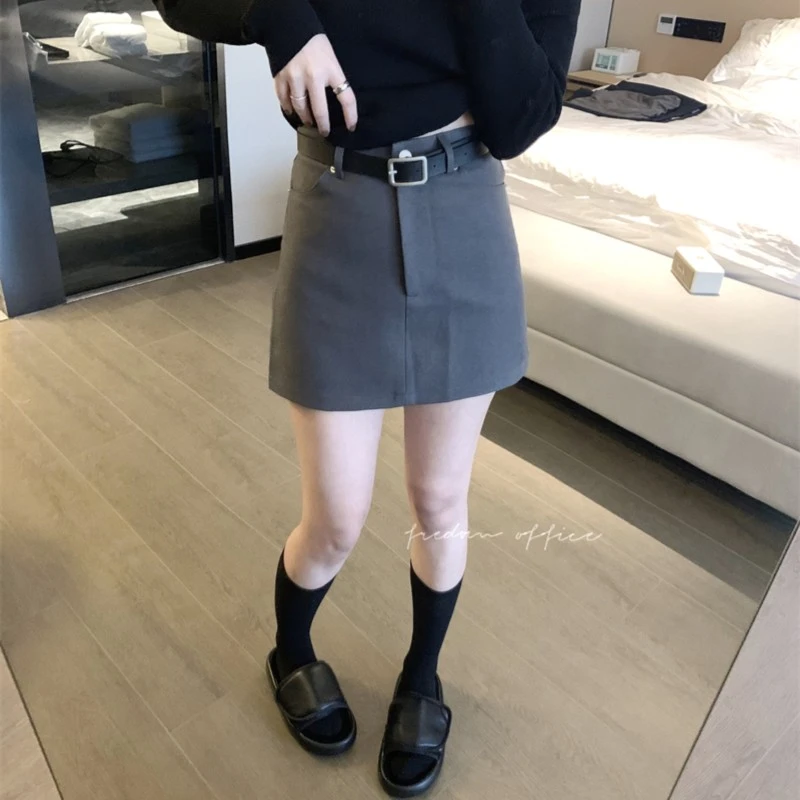 配腰带灰色西装半身裙女春夏新款高腰显瘦包臀短裙防走光a字裙子