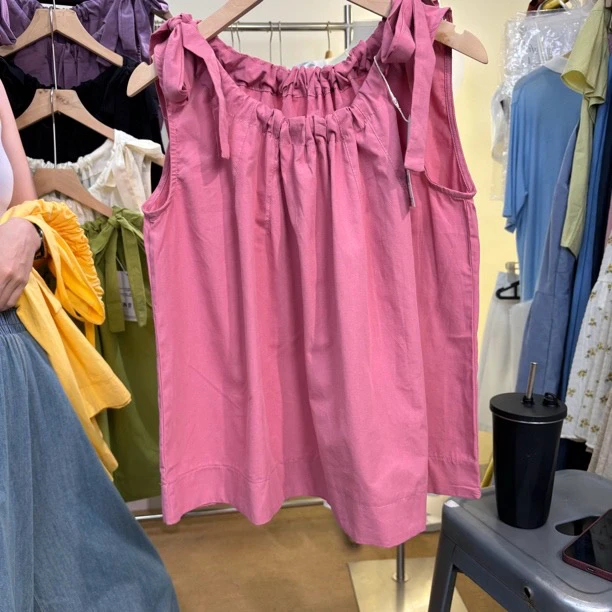 褶皱系带无袖坎肩背心显瘦气质小衫夏季新款无袖宽松遮肚夏日显瘦