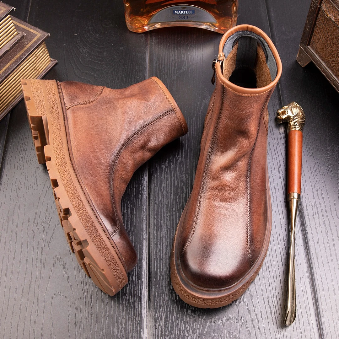 英伦风切尔西靴男真皮短靴厚底休闲马丁靴高帮复古工装靴 D90818