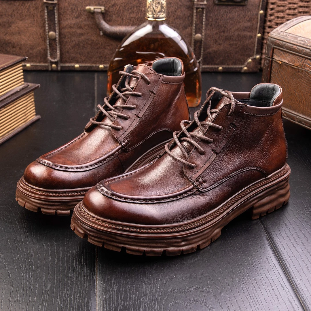 英伦风复古中帮马丁靴男士厚底真皮百搭时尚皮靴休闲短靴 HD3-3