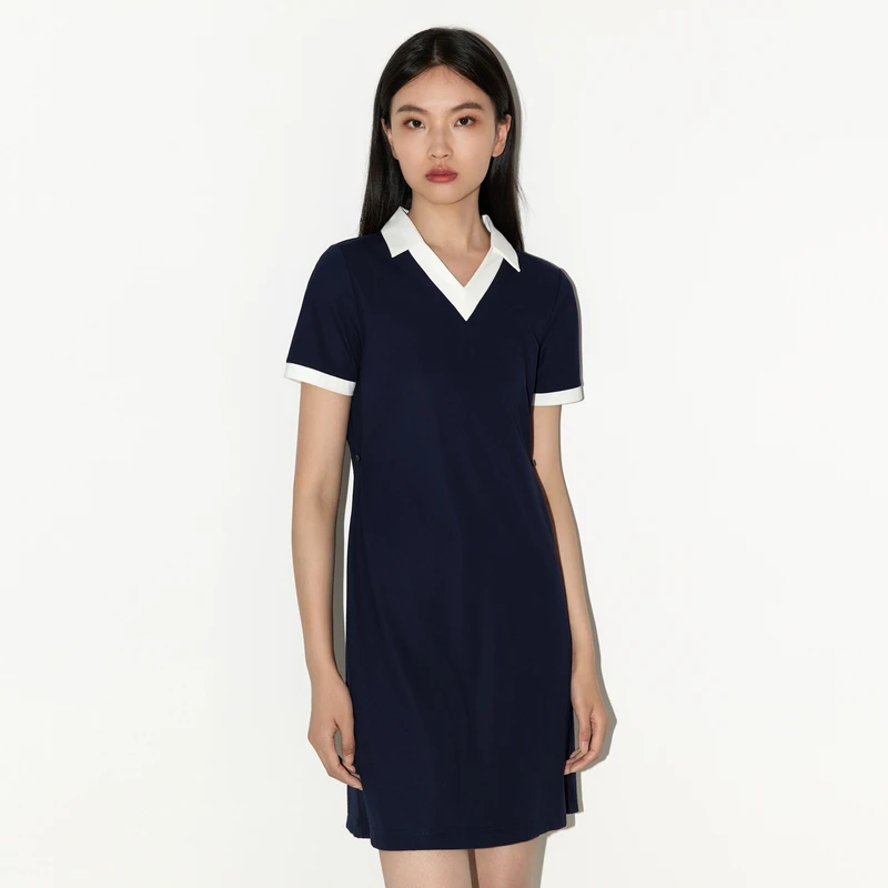 bossini女款秋季新品通勤优雅收腰撞色Polo翻领连衣裙