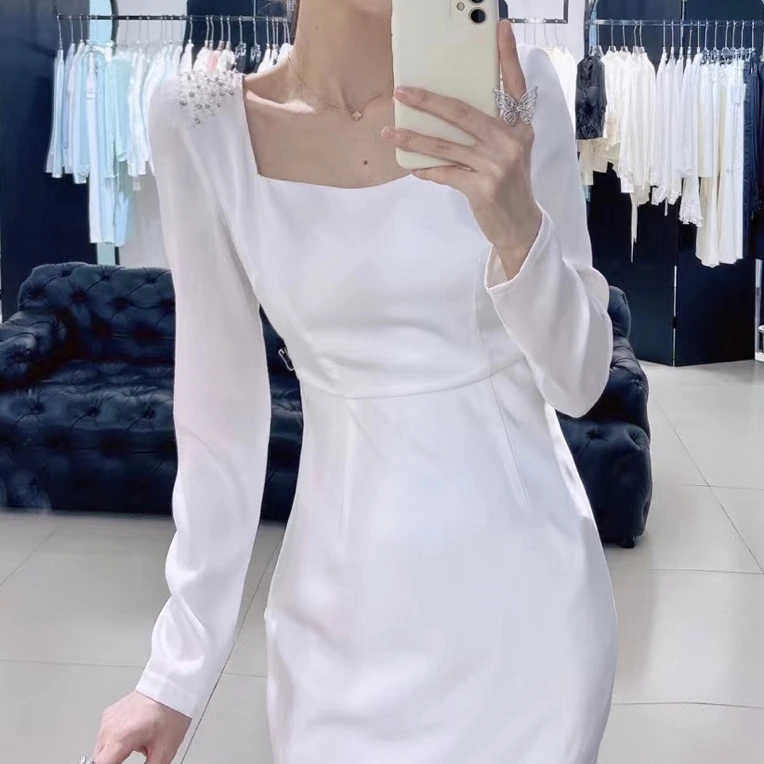 【深圳南油高端定制品牌女装】肩章钉珠醋酸连衣裙