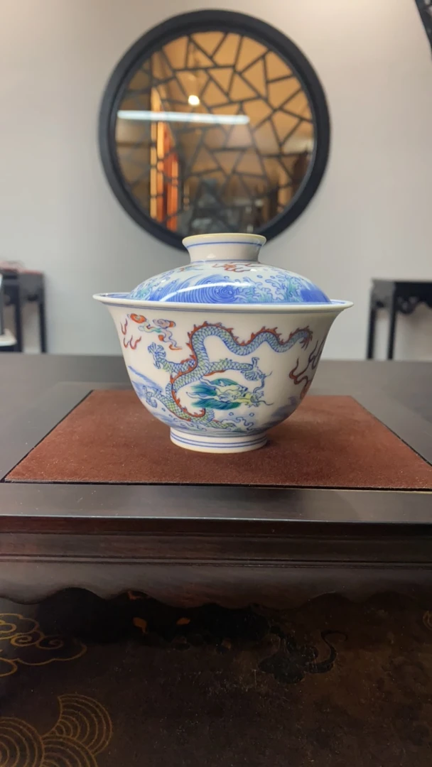 涂杏花窑双龙出海二才盖碗