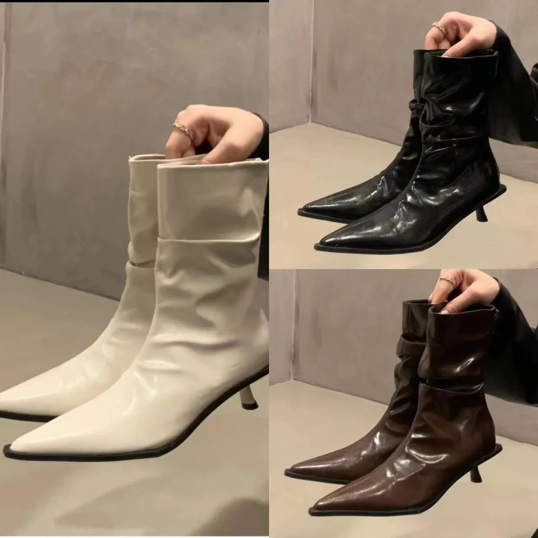 【美丁推荐】尖头细跟中筒褶皱堆堆瘦瘦靴
