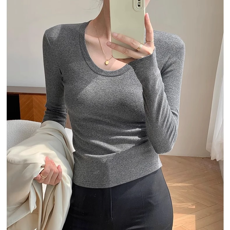 螺纹U领修身长袖t恤女美式打底衫新款春季大码正肩弹力上衣
