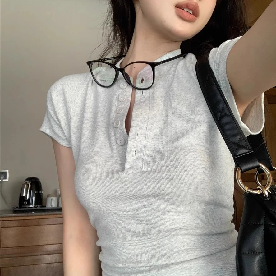 【运补】半开领掐腰显瘦短袖t恤女夏装新款插肩袖韩版褶皱女装小衫