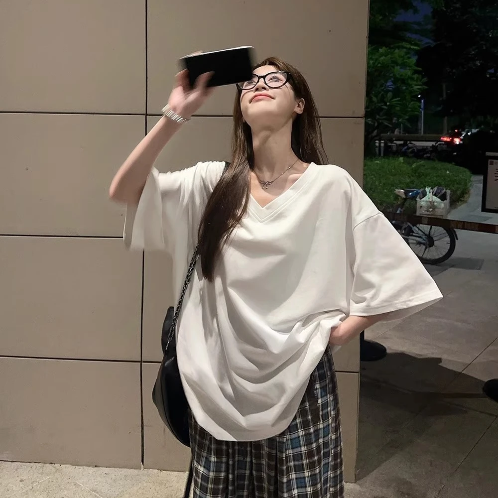 慵懒v领短袖t恤女夏季新款大码宽松中长款白色罩衫网红上衣