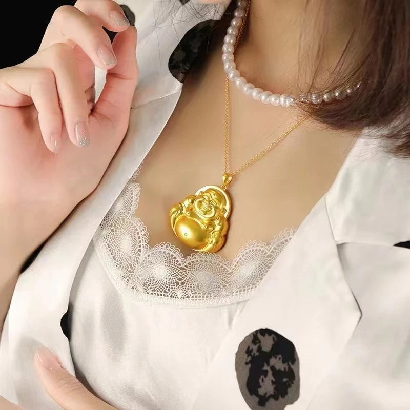 合金吊坠 精美轻奢光面弥勒佛项坠时尚实心双面传承金色挂坠素款